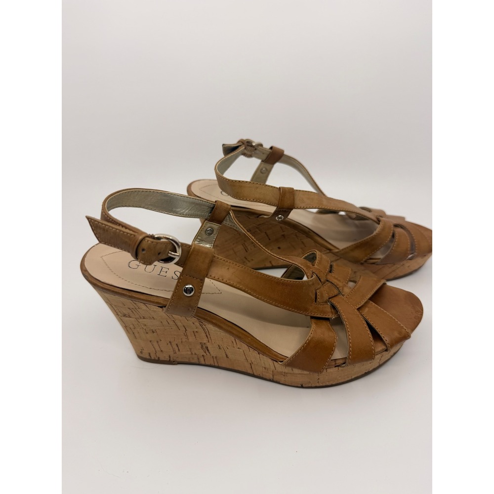 Guess WGKayce Womens Tan Brown‎ Cork Platform Wedge Strappy Sandals Size 7M